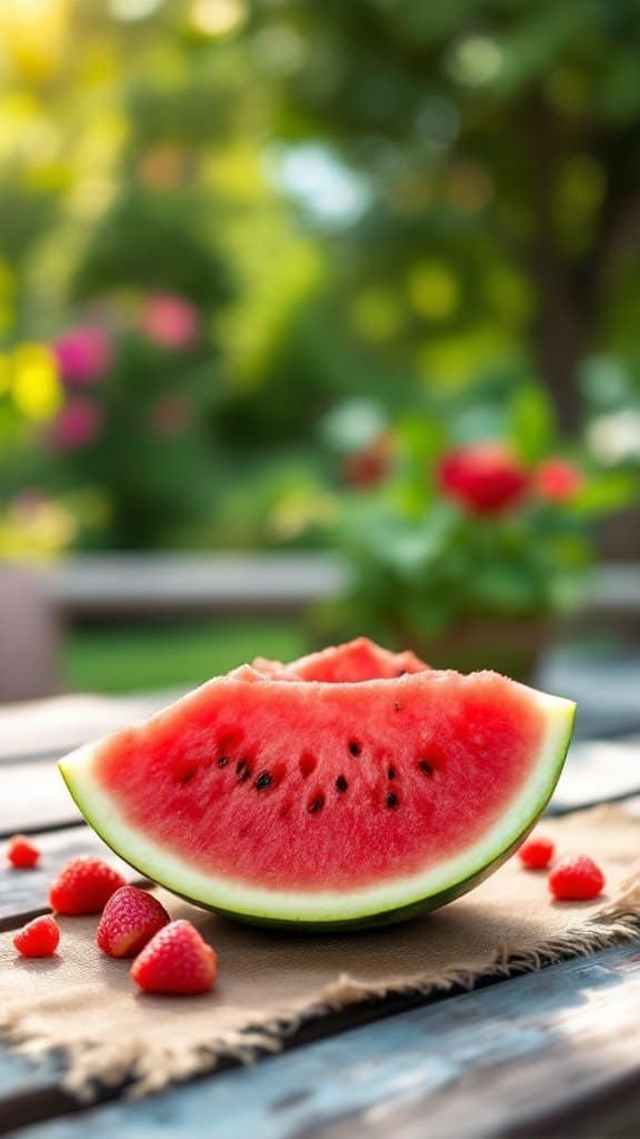 A fresh watermelon slice with red flesh and green rind, placed on a wooden surface with some red berries nearby, in a garden setting.