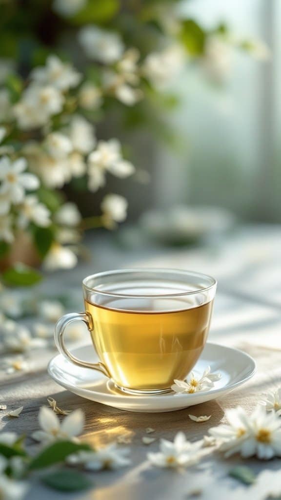 A cup of white tea on a saucer, surrounded by delicate white flowers.