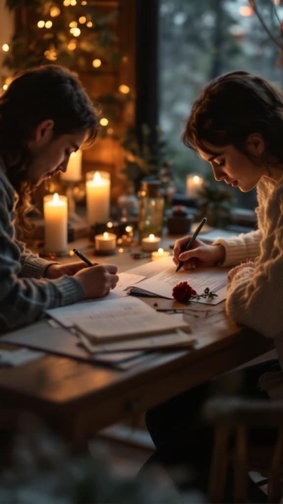 A couple writing love letters at a cozy candlelit table