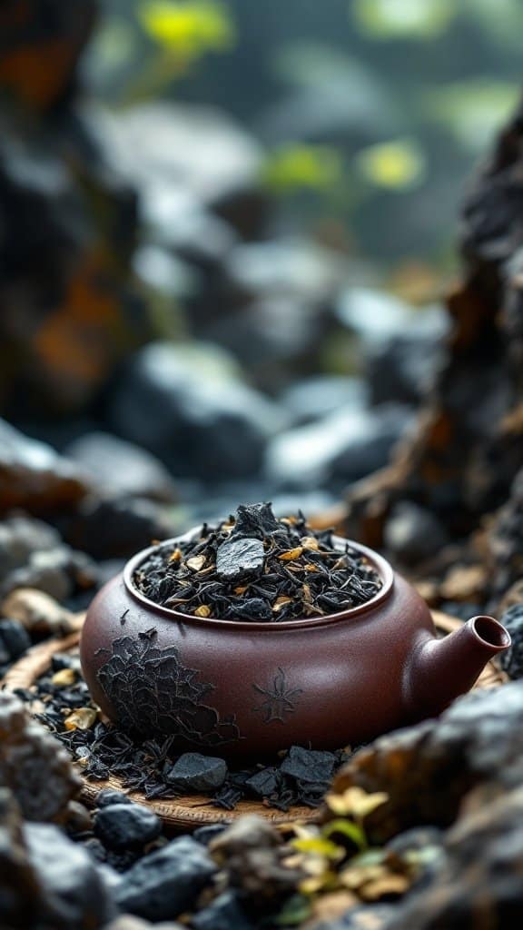 A traditional teapot filled with Wuyi Rock Tea leaves in a natural rocky setting.