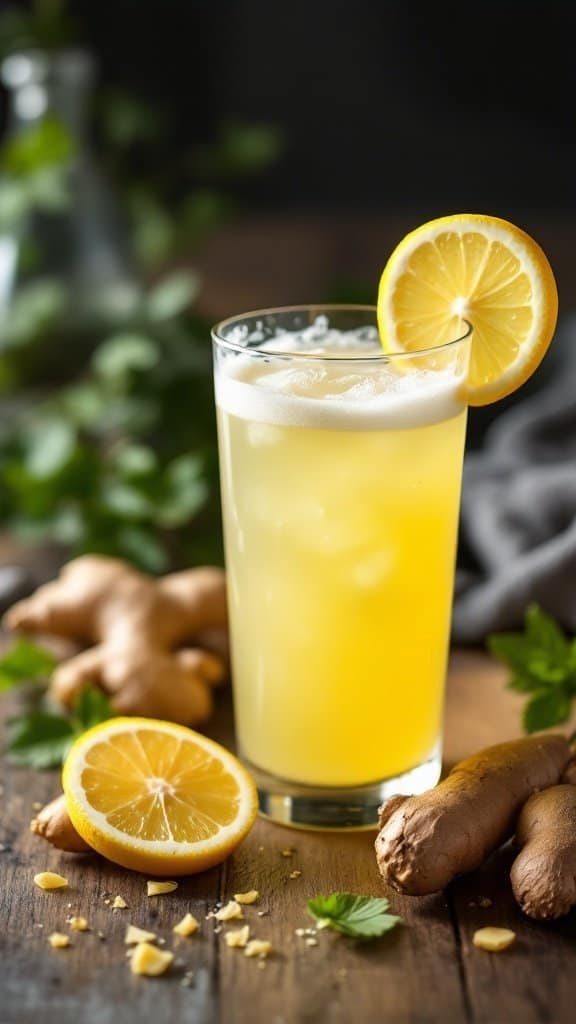 A refreshing Zesty Ginger Lemonade Smoothie served in a glass with lemon slices and ginger root in the background.