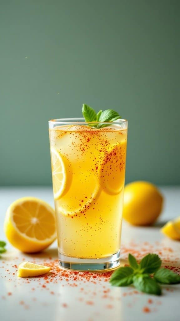 A refreshing glass of lemon and cayenne infusion, garnished with mint, surrounded by lemons.