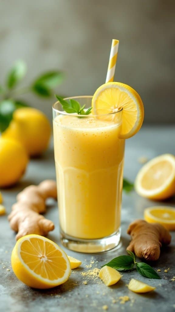 A refreshing Zesty Lemon Ginger Smoothie in a glass, garnished with a lemon slice and mint leaves, surrounded by fresh ginger and lemon slices.