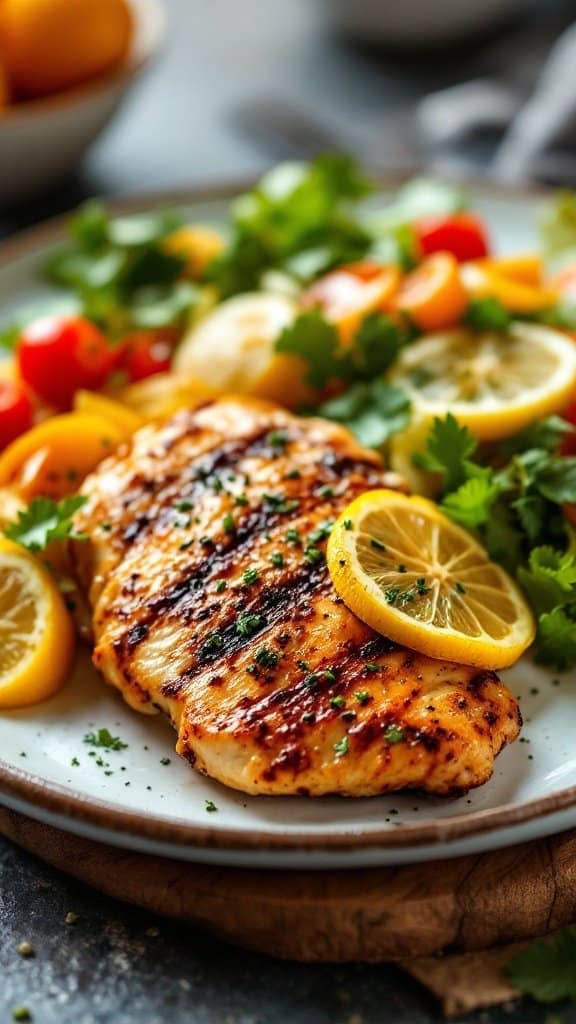 Lemon herb grilled chicken served with fresh vegetables