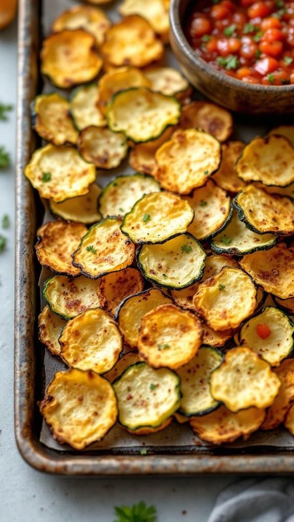 A tray filled with crispy zucchini chips next to a bowl of fresh salsa.
