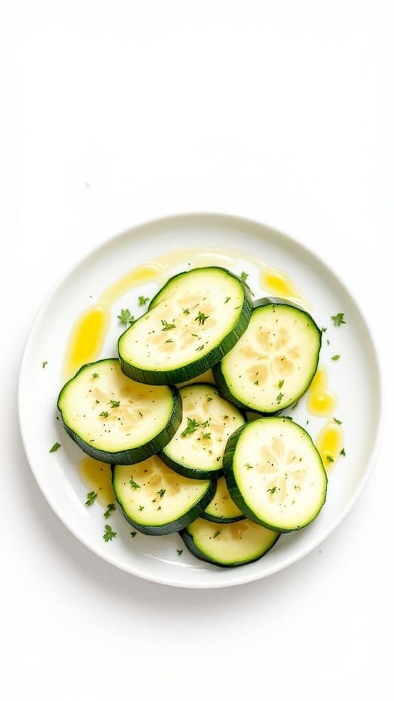 Sliced zucchini on a white plate drizzled with olive oil and garnished with herbs