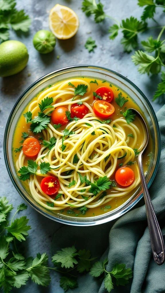 A bowl of zucchini noodle soup with cherry tomatoes and fresh herbs, garnished with lemon slices.