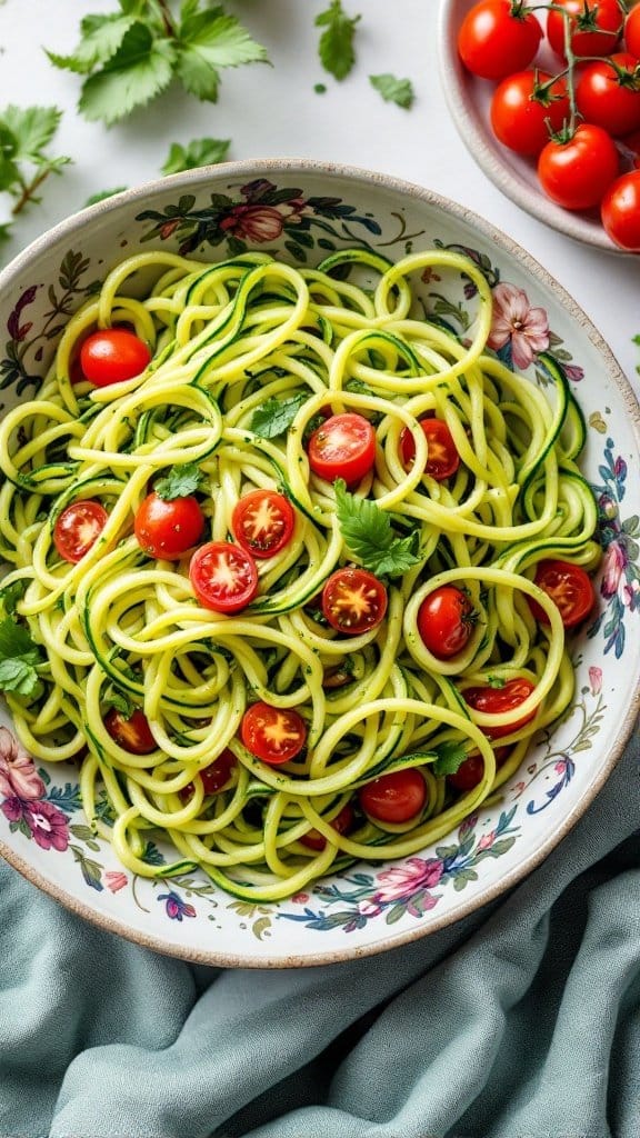 A bowl of zucchini noodles topped with cherry tomatoes and herbs