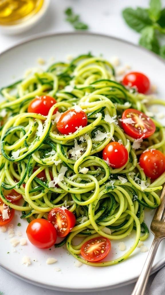 A plate of zucchini noodles topped with pesto and cherry tomatoes, garnished with cheese.