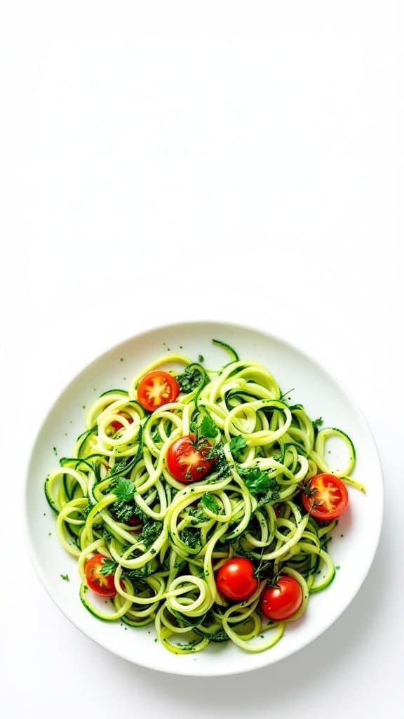 A plate of zucchini noodles with pesto and cherry tomatoes.