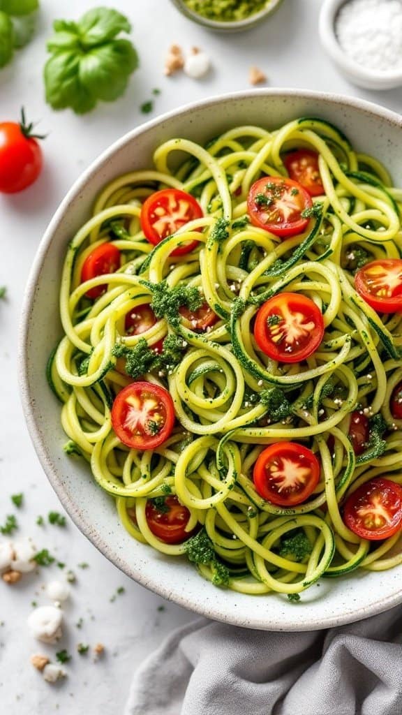 A bowl of zucchini noodles tossed with pesto and cherry tomatoes, garnished with herbs.