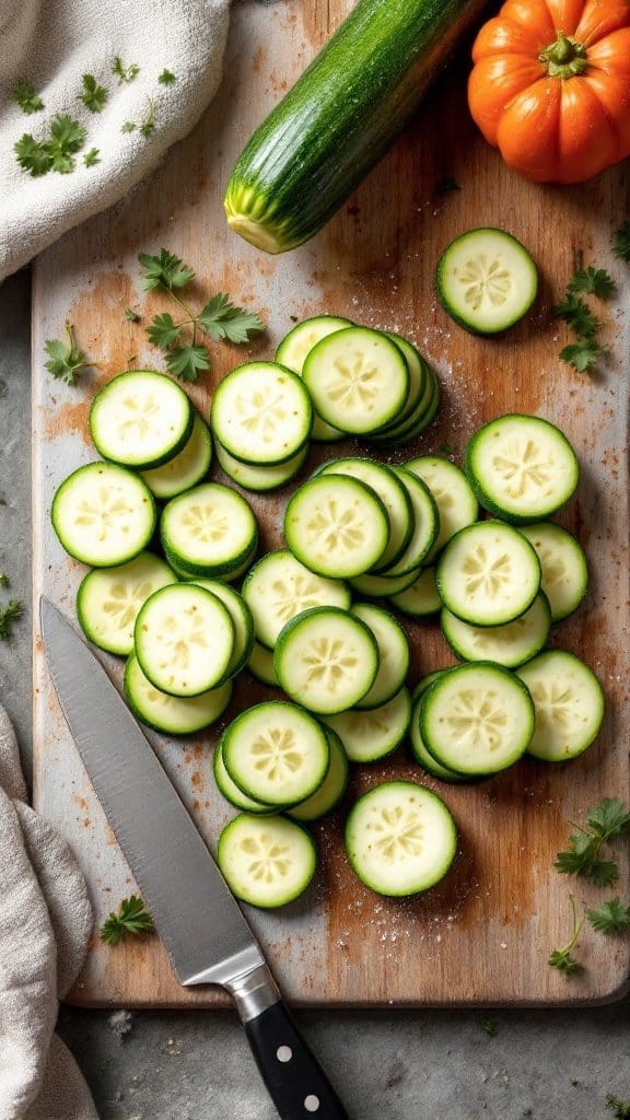 Freshly sliced zucchini rounds on a cutting board with a knife and herbs
