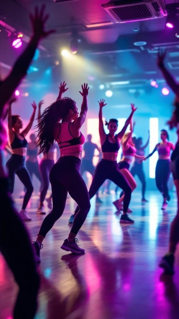 A lively Zumba class with participants dancing energetically in a vibrant, colorful setting.