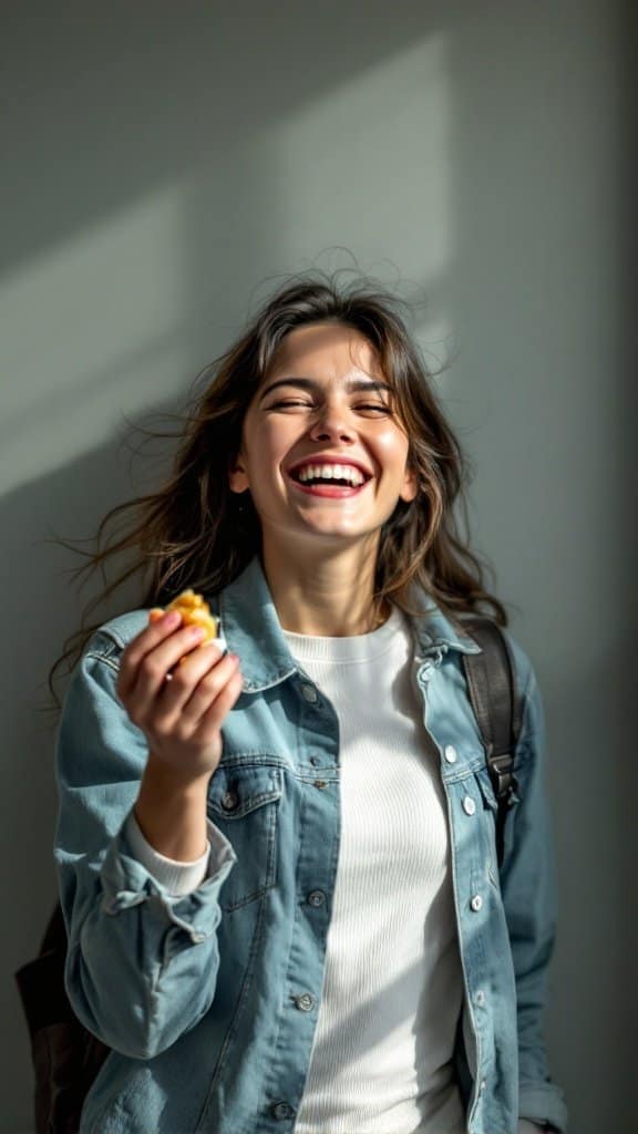A joyful person smiling and holding a snack, embodying the concept of celebrating small wins.