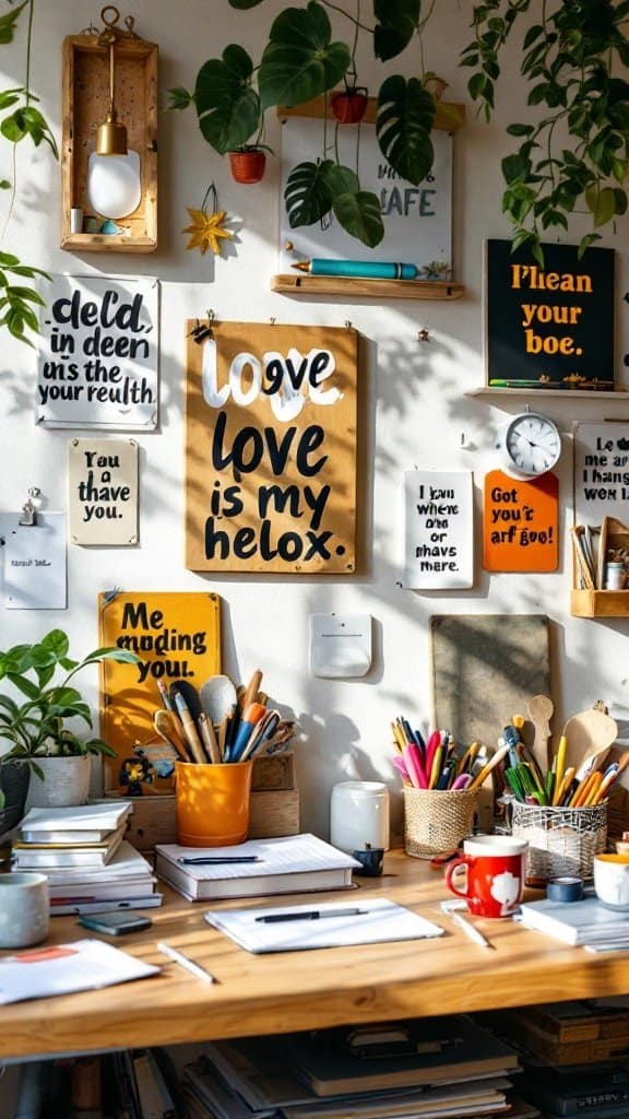 A bright and inspiring workspace filled with colorful quotes, plants, and organized stationery.