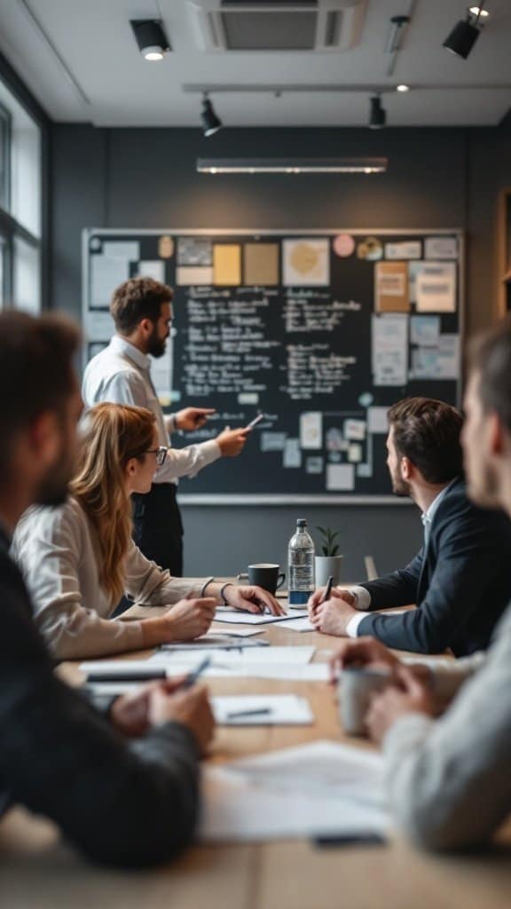 A team meeting where one person is presenting information on a board while others are engaged in discussion.