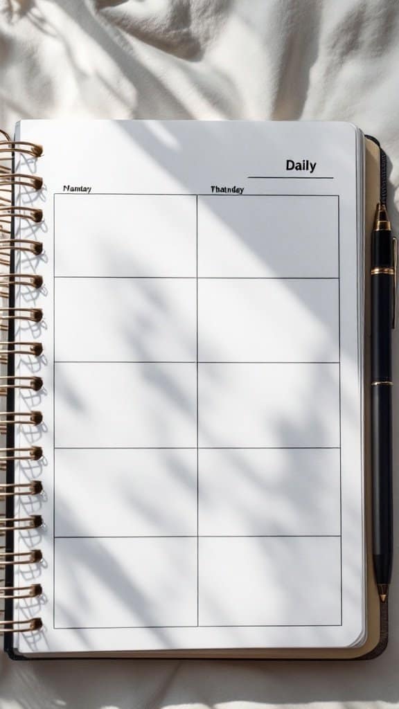 A blank daily planner with a pen resting on it, surrounded by soft light and shadows.
