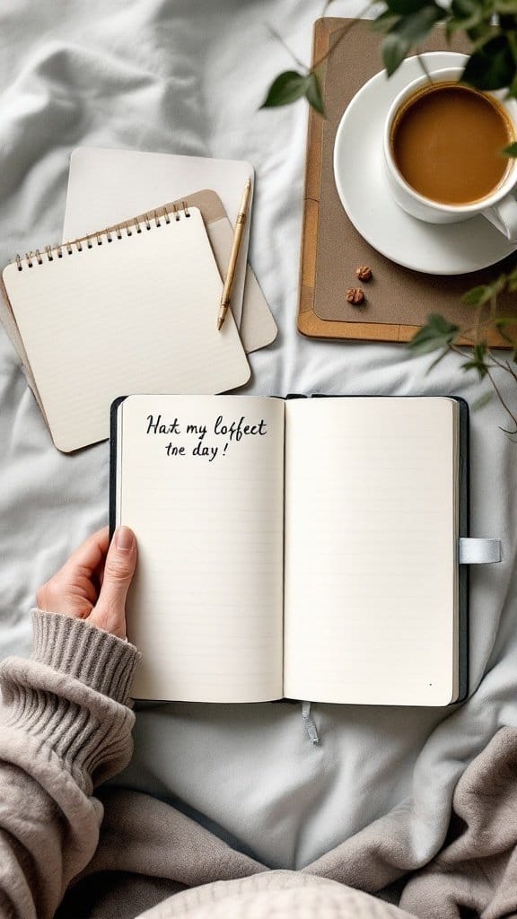 A cozy scene featuring an open journal, a cup of coffee, and notes, suggesting daily planning and review.