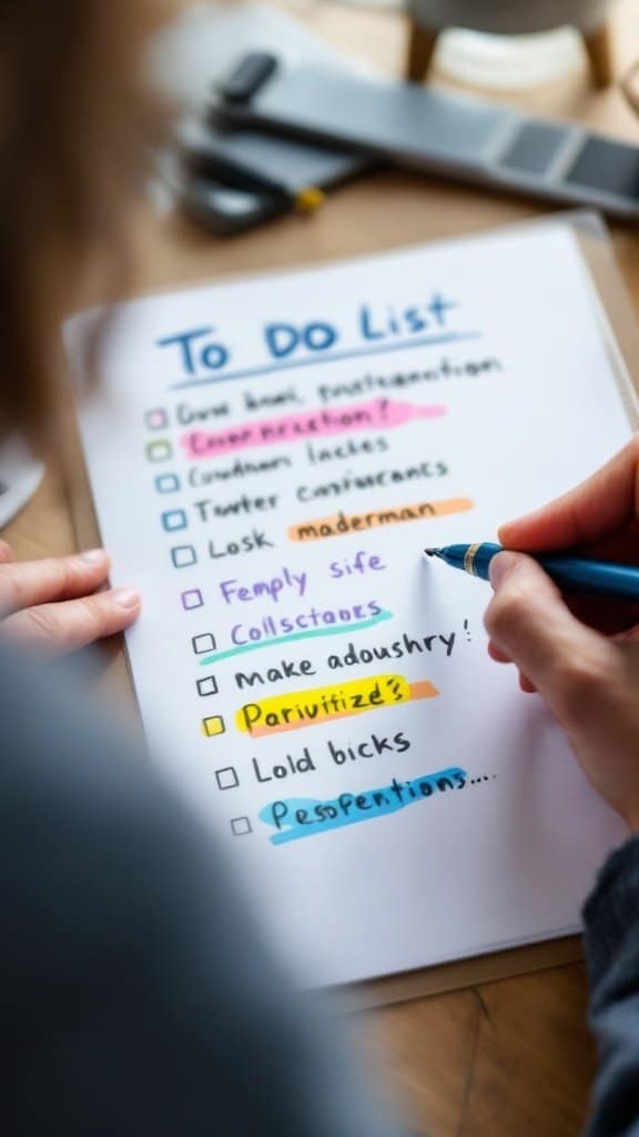 A handwritten to-do list with various tasks highlighted in different colors.