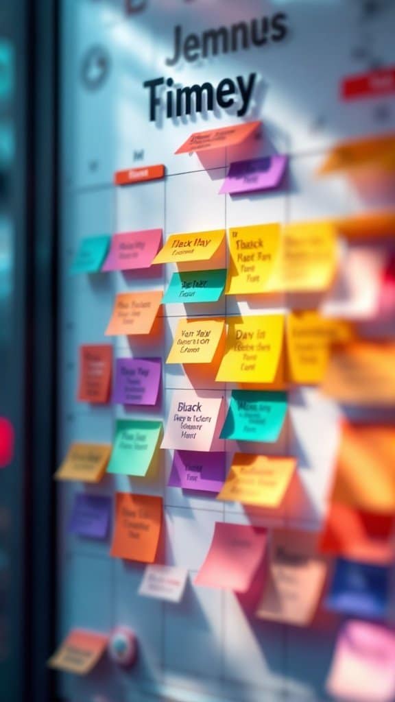 Colorful calendar with sticky notes representing tasks and appointments