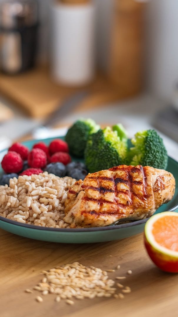 A plate filled with various healthy foods including grains, fruits, and greens.