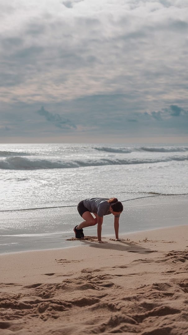 A person doing a burpee on the beach with ocean waves in the background.