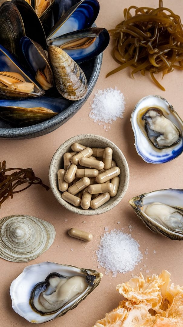 A flat lay of colorful supplements and natural elements, showcasing chitosan capsules among other dietary products.
