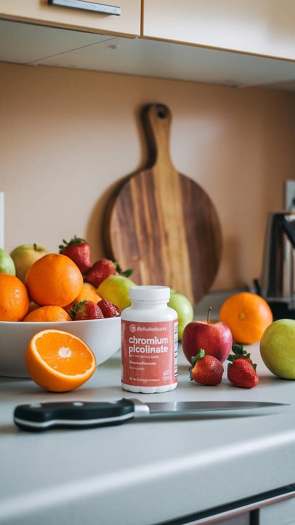 A bottle of chromium picolinate surrounded by fresh apples, lemons, and capsules, suggesting a focus on blood sugar support and weight loss.