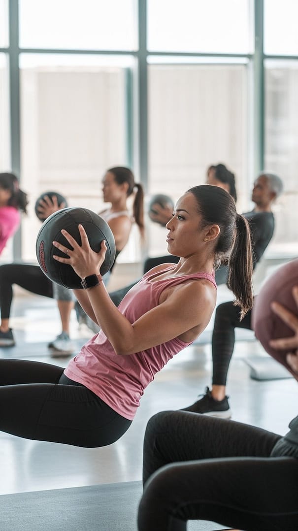 Group of people performing Core Twist with Medicine Ball exercise in a fitness studio