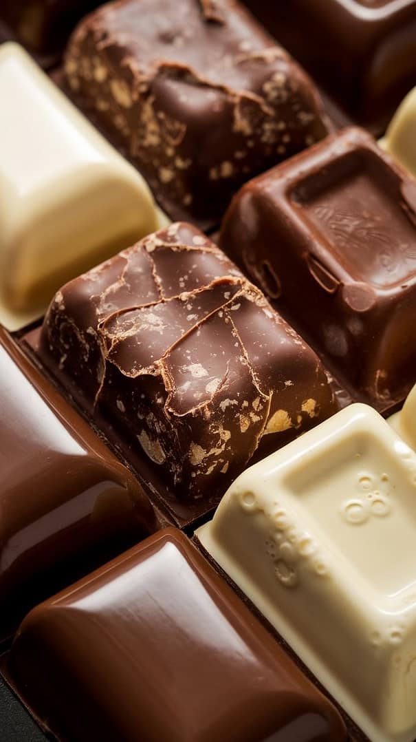 An assortment of chocolates with various textures, including smooth, crunchy, and creamy