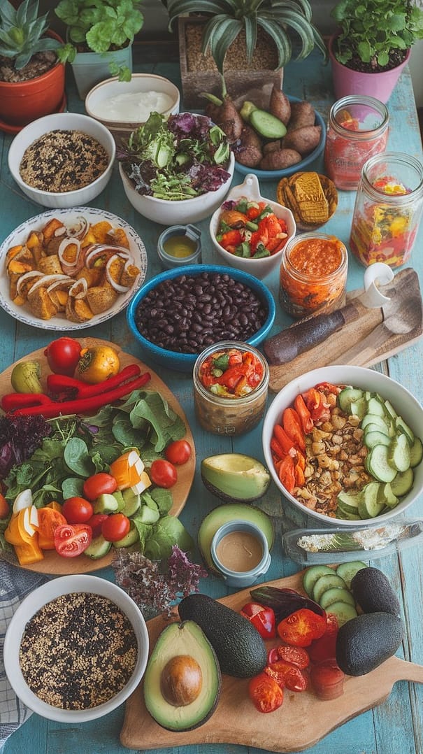 A colorful arrangement of various fruits and vegetables, highlighting options for a plant-based diet.