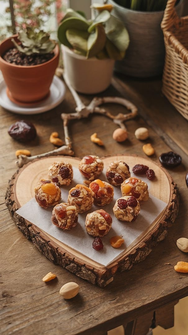An assortment of fruit and nut energy bites on a wooden table with fresh strawberries and blueberries