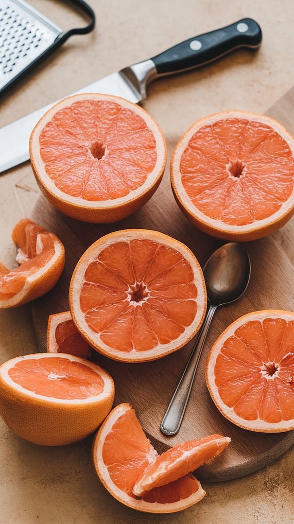 Freshly cut grapefruit halves on a white cutting board with a spoon.