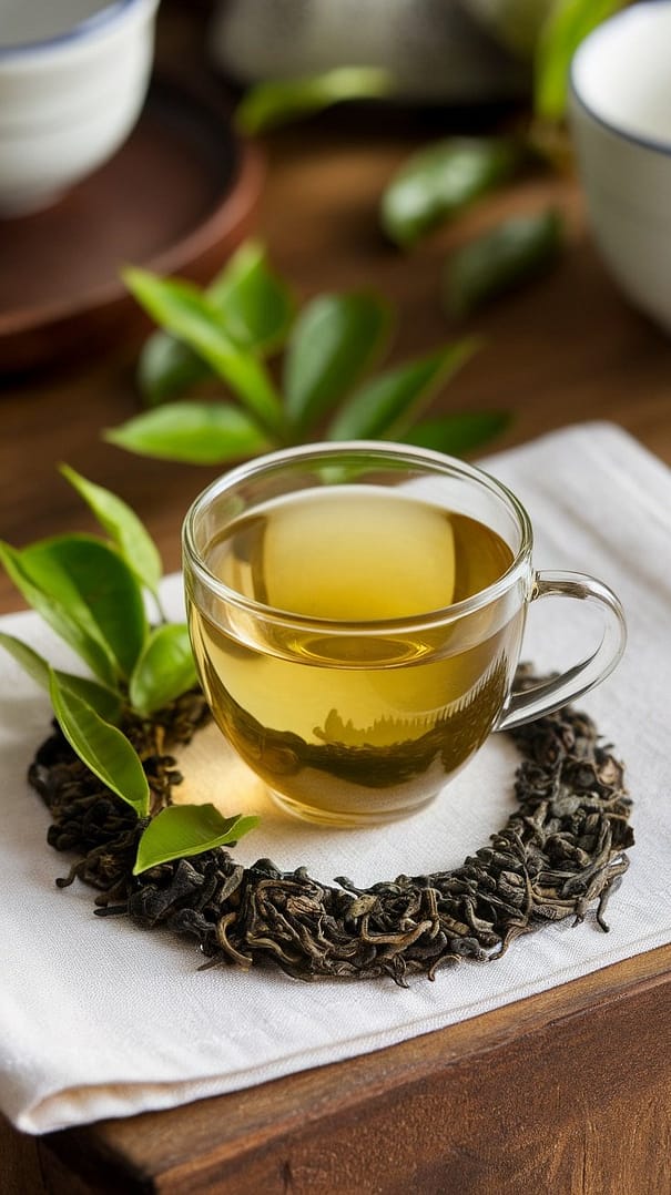 A cup of green tea surrounded by fresh green tea leaves on a wooden surface.