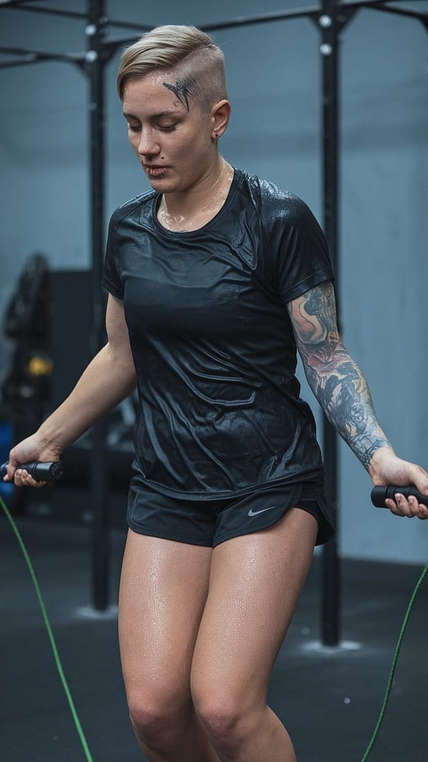Close-up of a person jumping rope, showcasing strong legs and dynamic motion