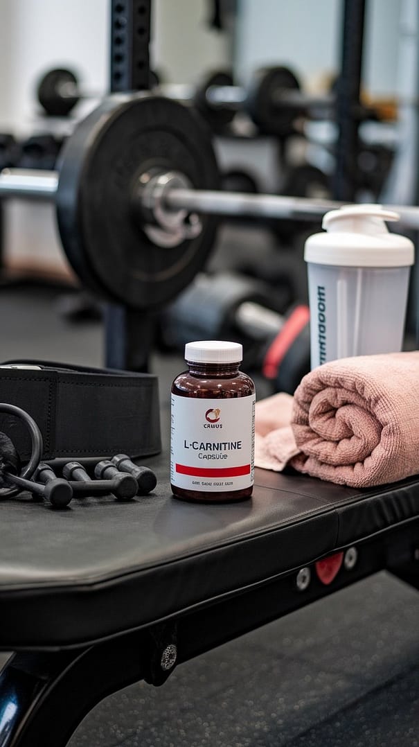 Bottle of L-Carnitine pills with scattered capsules on a black surface