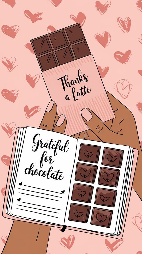A hand holding a gratitude journal with heart-shaped chocolates in the background.