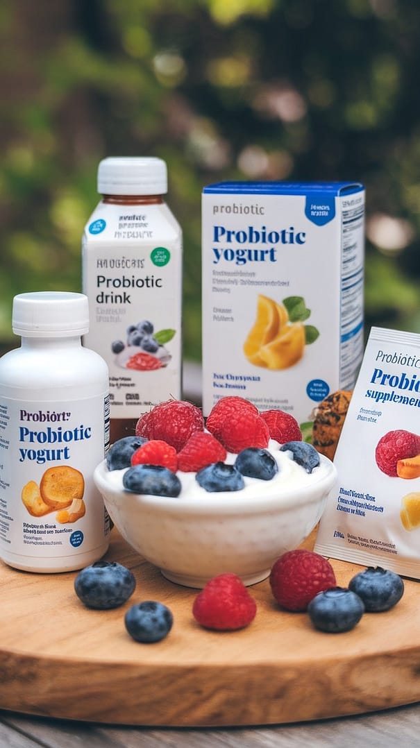 A variety of probiotic products surrounded by fresh berries and yogurt, highlighting the benefits of probiotics for gut health.