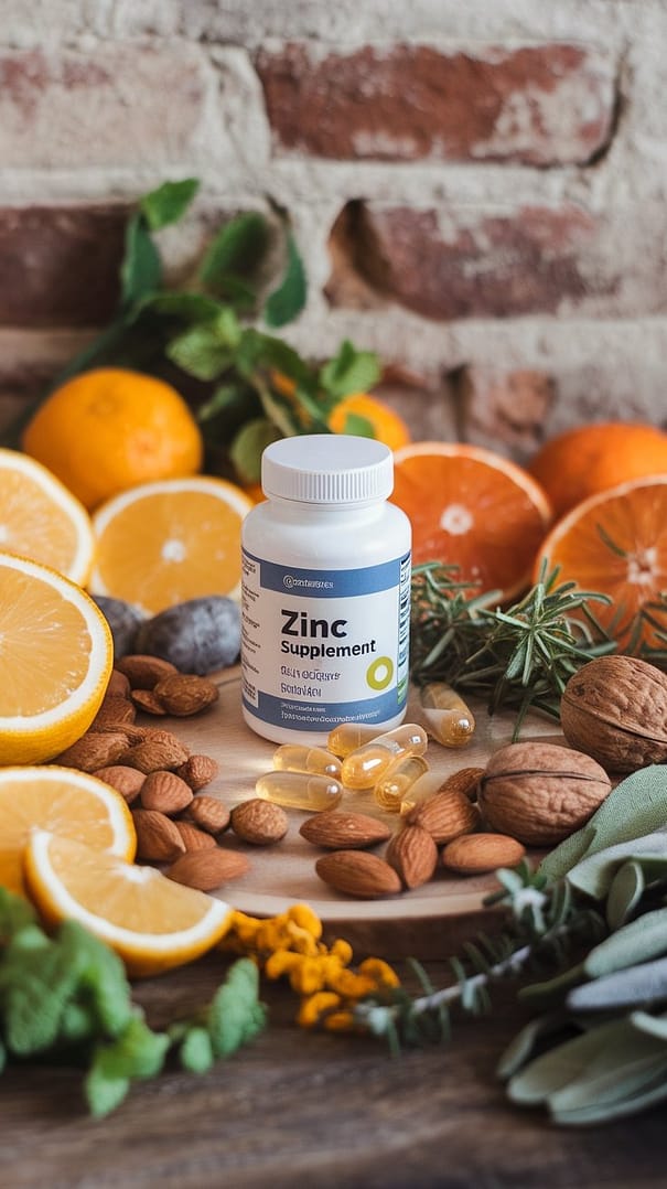 A collection of zinc capsules surrounded by fresh vegetables, herbs, and nuts, symbolizing natural health and wellness.